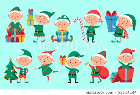 Christmas elf character. Cute Santa Claus helpers elves. Funny Xmas winter baby dwarf characters 58514144