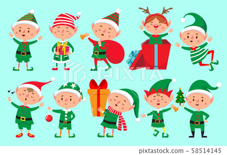 Christmas elf character. Santa Claus helpers cartoon, cute dwarf elves fun characters vector Christmas elf character. Santa Claus helpers cartoon, cute dwarf elves fun characters vector 58514145