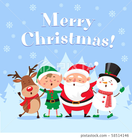 Cute christmas greeting card. Singing Santa Claus, funny snowman and Xmas elf on winter snow party 58514146