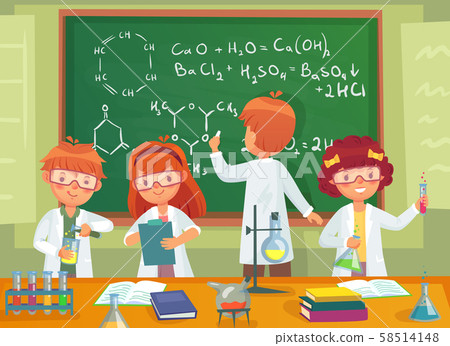 School kids study chemistry. Children pupils studying science and writing at laboratory class 58514148
