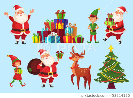 Cartoon christmas characters. Xmas tree with Santa Claus gifts, Santas helpers elves and winter Cartoon christmas characters. Xmas tree with Santa Claus gifts, Santas helpers elves and winter 58514150