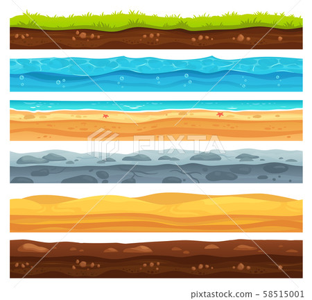 Seamless ground surface. Green grass land landscape, sandy desert and beach with sea water. Grounds Seamless ground surface. Green grass land landscape, sandy desert and beach with sea water. Grounds 58515001