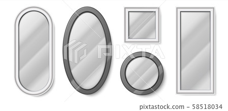 Realistic mirrors. Round and square glass shapes with metal frames and light reflection, Vector Realistic mirrors. Round and square glass shapes with metal frames and light reflection, Vector 58518034