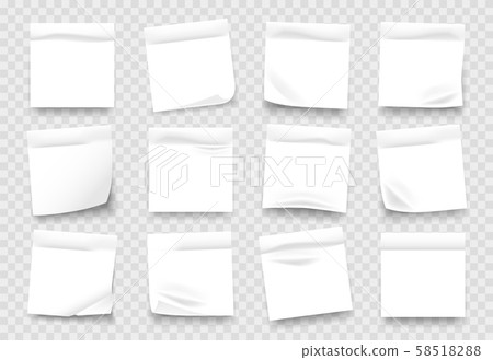 Sticky notes. White notepad sheets with crumpled edges, memos and reminders isolated on transparent Sticky notes. White notepad sheets with crumpled edges, memos and reminders isolated on transparent 58518288