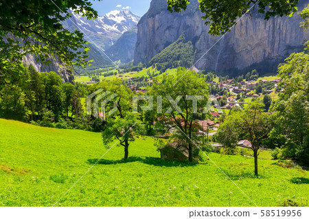 View of the Swiss Alps near the city of Lauterbrunnen. Switzerland. View of the Swiss Alps near the city of Lauterbrunnen. Switzerland. 58519956