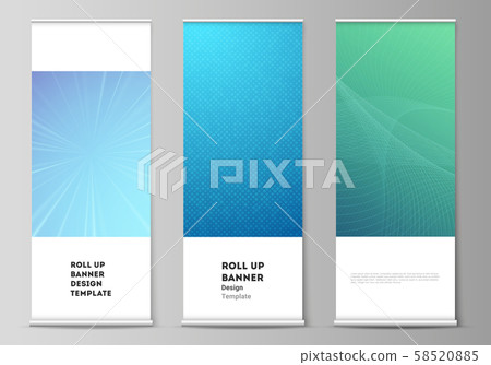 The vector illustration of the editable layout of roll up banner stands, vertical flyers, flags 58520885