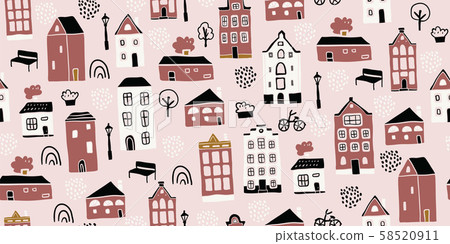 Seamless pattern, hand drawn scandinavian houses 58520911