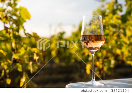 glass of rose wine on a table in the vineyard with glass of rose wine on a table in the vineyard with 58521304