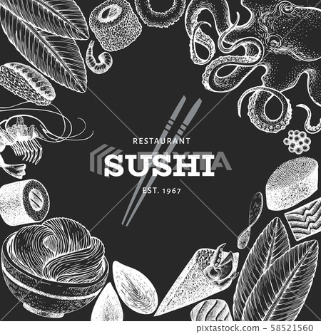 Japanese cuisine design template. Sushi hand drawn Japanese cuisine design template. Sushi hand drawn 58521560