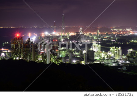 Night view of a huge cement factory, commonly known as "the last boss of the factory night view" seen from the site of Bitchu Matsuyama Castle 58521722