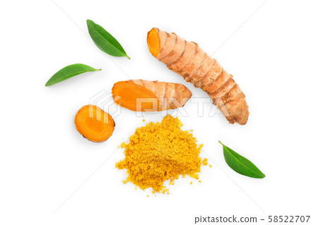 Turmeric powder and turmeric root isolated on white background. Top view. Flat lay Turmeric powder and turmeric root isolated on white background. Top view. Flat lay 58522707