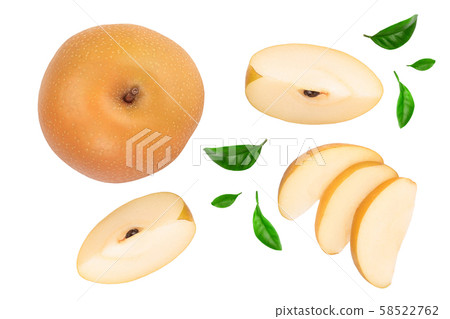 Fresh asian pear with leaves isolated on white background. Top view. Fresh asian pear with leaves isolated on white background. Top view. 58522762