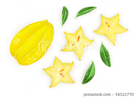 Carambola or star-fruit with leaf isolated on white background. Top view. Flat lay Carambola or star-fruit with leaf isolated on white background. Top view. Flat lay 58522770