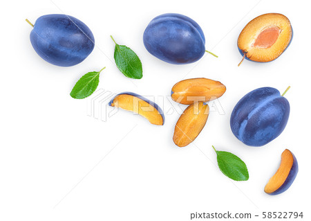 fresh blue plum and half with leaves isolated on white background. Top view. Flat lay 58522794