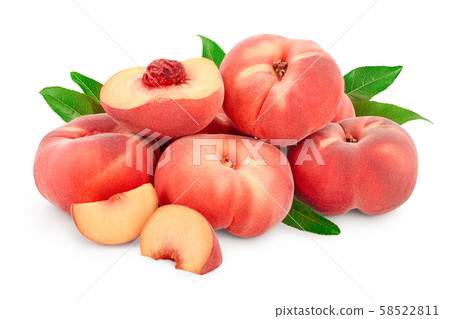 Ripe chinese flat peach fruit and half with leaf isolated on white background 58522811