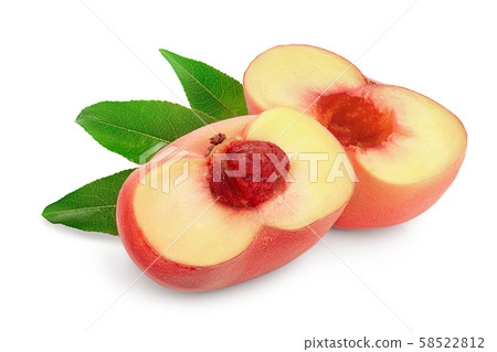half of ripe chinese flat peach fruit with leaf isolated on white background 58522812