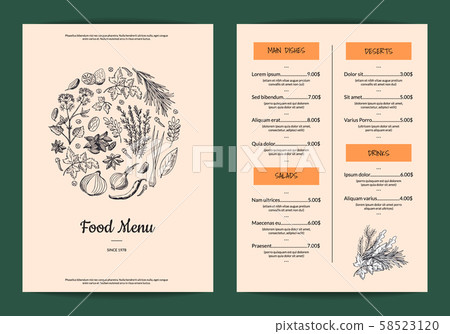 Vector restaurant or cafe menu with hand drawn herbs and spices 58523120