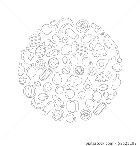 Fruits and vegetables in circle. Vector linear pictures of various fruits 58523192