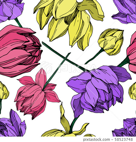Vector Lotus floral botanical flower. Black and white engraved ink art. Seamless background pattern. Vector Lotus floral botanical flower. Black and white engraved ink art. Seamless background pattern. 58523748