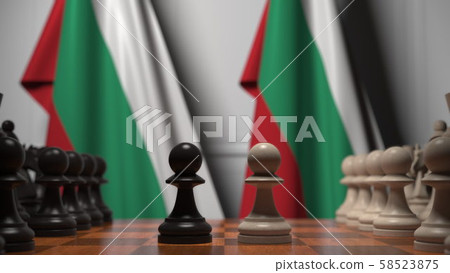 Chess game against flags of Bulgaria. Political competition related 3D rendering Chess game against flags of Bulgaria. Political competition related 3D rendering 58523875