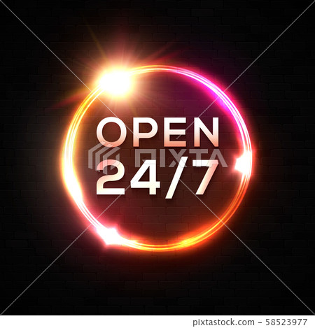 Open 24 7 hours Neon Sign. Glowing circle frame. 58523977