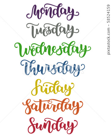Lettering Days of Week Sunday, Monday, Tuesday, Wednesday, Thursday, Friday, Saturday. Modern 58524159
