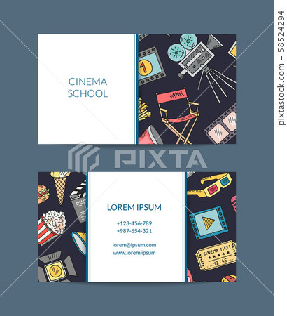 Vector cinema doodle icons business card. Cinema elements sketch 58524294