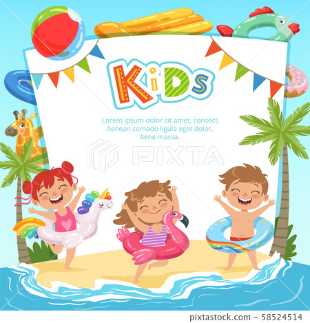 Background template with pictures of happy kids and various equipment for water park 58524514