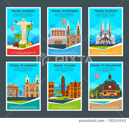 Design template of various travel cards with illustrations of famous landmarks 58524543