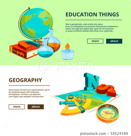 Horizontal banners with cartoon pictures of science and geography symbols Horizontal banners with cartoon pictures of science and geography symbols 58524599