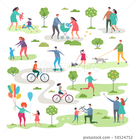 Outdoor activism in urban park. Bicycle riders and walking peoples 58524752