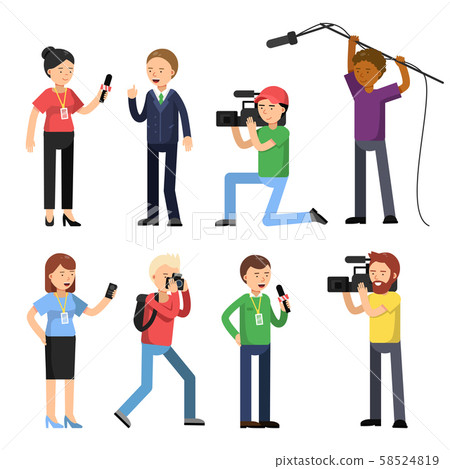 Set characters of broadcasting, reportage and interview. Operator, photographer and interviewer 58524819