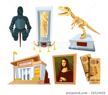 Set cartoon pictures of museum with exhibit pod and tools of various historical periods Set cartoon pictures of museum with exhibit pod and tools of various historical periods 58524856