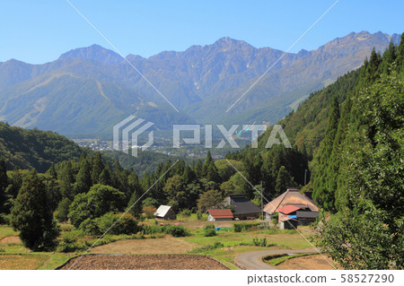 Hakuba Village Ao no Aki, Northern Alps seen from rice terraces 58527290