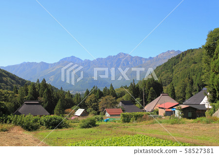 Hakuba Village Ao no Aki, Northern Alps seen from rice terraces Hakuba Village Ao no Aki, Northern Alps seen from rice terraces 58527381