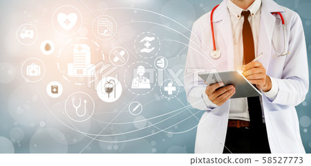 Doctor with Medical Healthcare Graphic in Hospital Doctor with Medical Healthcare Graphic in Hospital 58527773