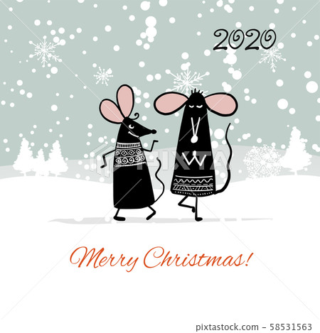 Christmas card with funny mouse in winter forest, symbol of 2020 year Christmas card with funny mouse in winter forest, symbol of 2020 year 58531563