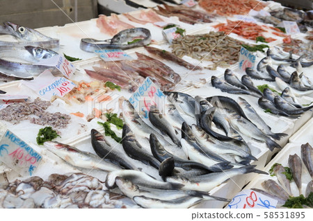 Fresh Mediterranean seafood lined up in the Italian market in Naples 58531895