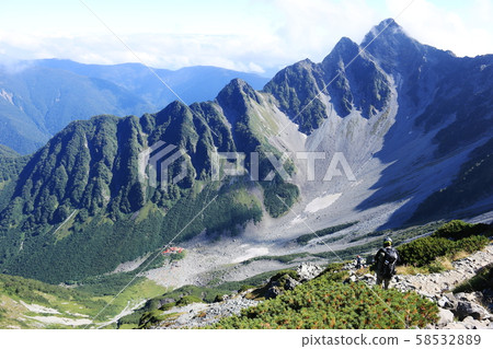Northern Alps, Hohotaka mountain range traverse, Kitahotakadake tent area overlooking Maehotakadake Kitaone and Serizawa 58532889
