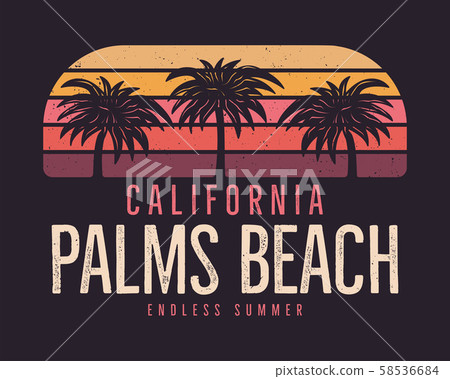 California Palms Beach Graphic for T-Shirt, prints. Vintage hand drawn 90s style emblem. Retro California Palms Beach Graphic for T-Shirt, prints. Vintage hand drawn 90s style emblem. Retro 58536684