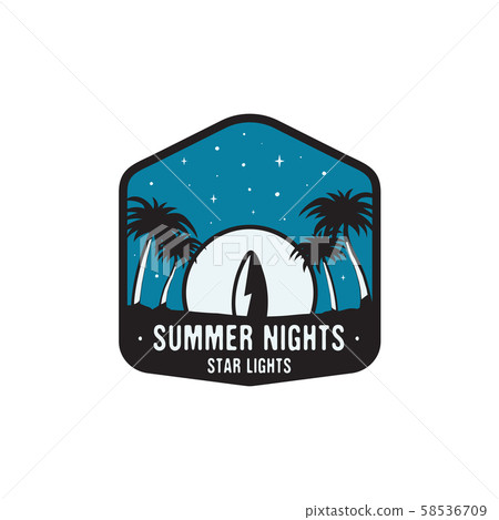 Vintage hand drawn surfing badge and travel concept for print, t-shirt, posters. Beach with palm Vintage hand drawn surfing badge and travel concept for print, t-shirt, posters. Beach with palm 58536709
