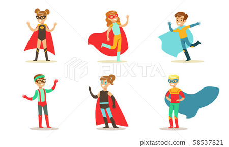 Cute Boys and Girls in Various Colorful Superhero Costumes Set, Kids in Capes and Masks Having Fun Cute Boys and Girls in Various Colorful Superhero Costumes Set, Kids in Capes and Masks Having Fun 58537821