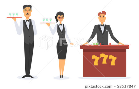 Casino Workers Set, Waiters and Croupier Characters Vector Illustration Casino Workers Set, Waiters and Croupier Characters Vector Illustration 58537847