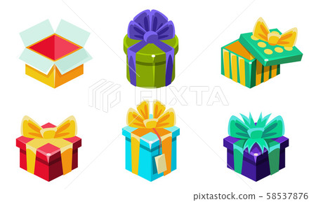 Colorful Gift Boxes Set, Various Present Boxes with Bows Vector Illustration 58537876