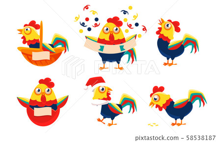 Collection of Roosters with Bright Plumage in Different Situations, Funny Poultry Character Vector 58538187