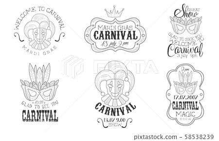 Carnival Mardi Gras Hand Drawn Retro Labels Set, Welcome to Magic Show Monochrome Badges Vector 58538239