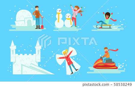 Winter Activities Set, People Building Icy Igloo and Castle, Making Snowman, Riding Snow Scooter Winter Activities Set, People Building Icy Igloo and Castle, Making Snowman, Riding Snow Scooter 58538249