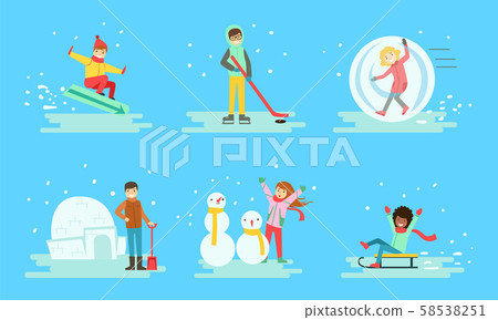 Winter Activities Set, People Snowboarding, Playing Hockey, Building Icy Igloo, Making Snowman 58538251