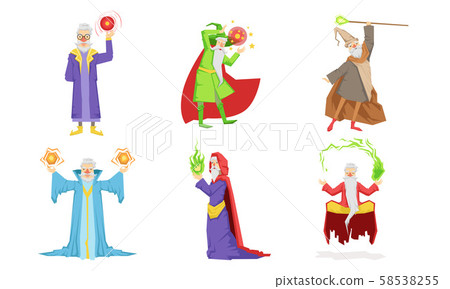 Old Wizard Characters Set, Male Magician or Warlock in Hat and Mantle Practicing Wizardry Vector Old Wizard Characters Set, Male Magician or Warlock in Hat and Mantle Practicing Wizardry Vector 58538255