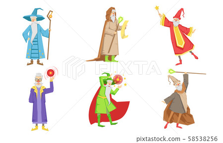 Old Fairytale Wizard Characters Set, Male Magician or Warlock in Hat and Mantle Practicing Wizardry 58538256